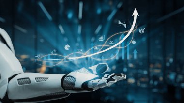 Gösterişli bir robot el, iş ve teknoloji sektörlerindeki yenilik ve büyümeyi sembolize eden yüksek teknoloji ofisinde dijital grafikler ve yükselen oklar sergiliyor. Auvana