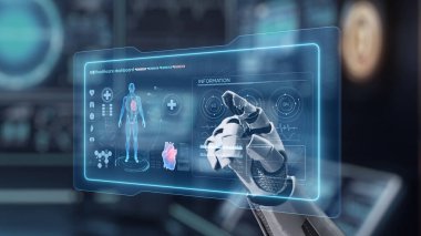 İnsan anatomisini gösteren ve bulanık laboratuvar geçmişine sahip robot el işaretlerini kapat. Robot el, tıbbi verileri teşhis semptomlarına bağlamak için x ray gösterge paneline tıklıyor. Sağlıklı..