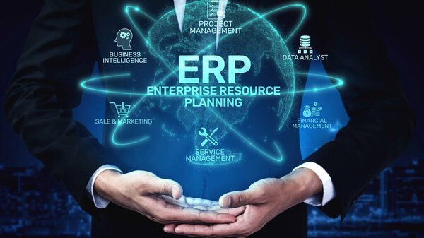 ERP platform visual showing centralized system for enterprise resource planning, improving integration, data flow, business efficiency, finance, inventory, and human resources. Muxer