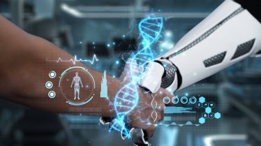Robot eli kapat ve insan eli DNA hologramıyla tokalaş. Yapay zeka ve insan birlikte çalışıyor ya da DNA hologramıyla anlaşmalar yapıyor. Bulanık laboratuvarda yüzüyor. Takım çalışması. Sağlıklı..