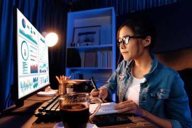 Gülümseyen genç, güzel Asyalı yaratıcı satış hedefi raporunun kar tablosuna bakıyor ve notlar üzerine notlar yazarak neon ışığı gecesinde yeni bir strateji pazarı projesine yatırım yapmayı planlıyor. Taktik.