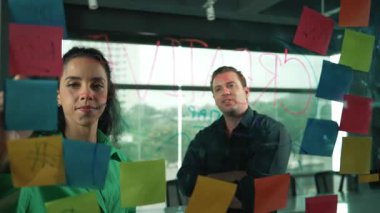 Profesyonel iş adamları yaratıcı pazarlama fikrini modern ofiste tartışırlar. İş adamları cam tahtada yapışkan notlar kullanarak finansal plan üzerinde çalışıyor. Yönlendirici.