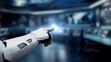 Robotik bir el, çağdaş teknoloji güdümlü endüstrilerdeki ilerleme ve verimliliği sembolize ederek, artan kalite ve düşüş maliyetlerini gösteren canlı görsel göstergelere işaret ediyor. Auvana