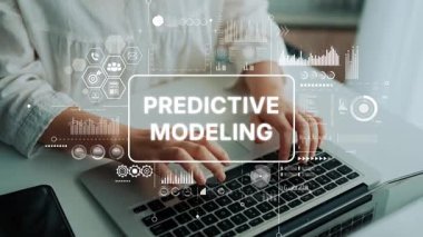 İş Sezgileri İçin Öngörülebilir Modelleme Grafikleri ve Veri Analizi Kavramlarını gösteren Dizüstü Bilgisayarda Yazan Eller. Asemptotik akıllı veri analitiği.