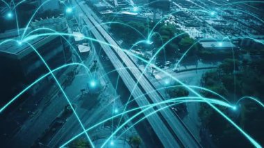 Şehir üzerinde bağlantı ağı karşılıklılığına sahip akıllı dijital şehir. Şehirdeki insanları birbirine bağlayan gelecek akıllı kablosuz dijital şehir ve sosyal medya ağı kavramı .