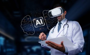 Bir sağlık uzmanı, tıp alanındaki yapay zeka uygulamalarını keşfetmek ve hasta bakımında yenilikçi teknolojiler sergilemek için sanal gerçeklik kulaklığı kullanır. PHMT