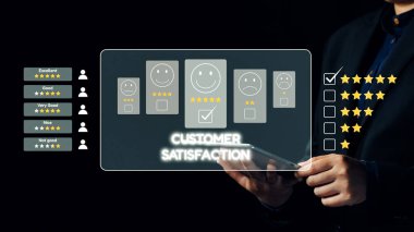 Şeffaf ekranda gösterilen geri bildirim ikonları ve yıldız reytingleri ile müşteri memnuniyetini ölçmeye modern bir yaklaşım. İş stratejisi görselleri için mükemmel. Dörtgen