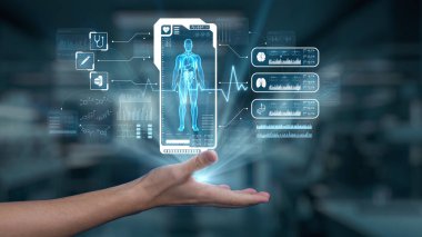 Laboratuvar arka planında yüzen insan anatomisi hologramına yakın çekim. Tıbbi verilere el erişimi ve bağlantı kurmak için X ışını ikonunu kullanarak semptomları analiz etmek ve teşhis etmek. Sağlıklı..