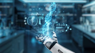 Robotik eli kapat, avuç içini aç ve DNA hologramı yüzsün. Tıbbi verilere erişip belirtilere bağlanırken DNA holografiğini gösteren bir el. Genetik konsept. Sağlıklı..