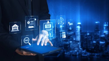 Modern finans sisteminde vergi belgesi, KDV, işlem akışı ve mali denetlemeyi gösteren mali düzenleme ve vergi uyumluluğu kavramı