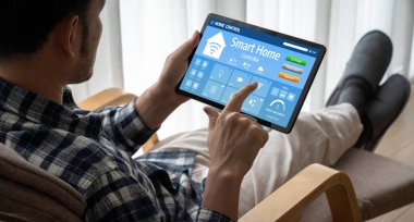 Smart home technology, centric remote control system with digital dashboard for air conditioning, safety security network or house automation. App software, ui panel programming IOT monitor snugly