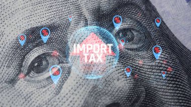 Simgelerle İthalat Vergisi Dijital Kavramı ve Para Birimi Arkaplanı Resmileştiren Ekonomik Tarifeler ve Mali Etki Üzerine Grafik Temsili. Sevkiyat.