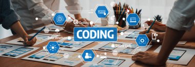 Görsel Elemanlarla İşbirlikçi Kodlama Oturumu, Parlak Çalışma Alanı Ortamı 'nda Görüntü Süreç Diyagramları ve Proje Çalışma Akımı. Dostluk