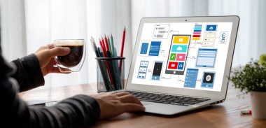 Model mobil uygulama ve web sitesi için UX UI tasarım süreci. Profesyonel uygulama geliştiricisi için kablo grafiğinin yaratıcı prototipi .