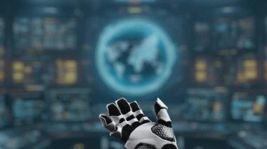 Fütürist bir robot el, ileri teknoloji ve yüksek teknolojili bir çevredeki siber güvenlik önlemlerini sembolize eden bir dijital güvenlik kalkanı ikonu tutuyor. Auvana