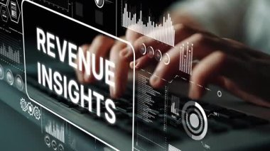 Modern bir ofis ortamında Dijital Gelir Sezgileri ve Veri Görüntülemeleri ile çevrili bir dizüstü bilgisayarda yazı yazmak. Asemptotik akıllı veri analitiği.