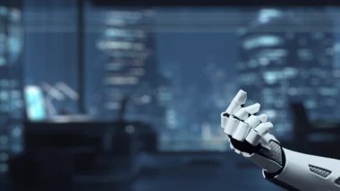 Fütürist bir robot el, siber güvenlik ve veri koruması kavramlarını gösteren dijital bir güvenlik arayüzüne uzanıyor. Bu video gelişmiş teknolojiyi iş başında gösteriyor. Auvana