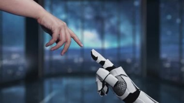 Modern bir ofis zeminine karşı kurulan dijital çağdaki etkileşim ve işbirliğini sembolize eden bir insan elinin robot ele uzandığı büyüleyici bir sahne. Auvana