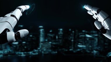 Gelecekçi robot yapay zeka yapay zeka yapay zekayı aydınlatıyor ve makine öğrenme kavramını geliştiriyor. İnsan hayatının geleceği için küresel robot biyonik bilim araştırması. 3B görüntüleme grafiği.