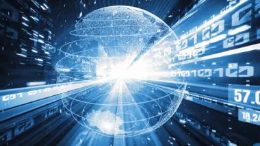 Fütürist küresel ağ ve dijital veri transferi 3D grafik. Yeni bilgi çağındaki küresel eğilimleri değiştiren akıllı dijital dönüşüm ve teknoloji bozulması kavramı .