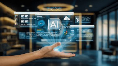 Modern ofis ortamında yüzen bir yapay zeka veri arayüzüne uzanan bir el, teknolojinin ve insan etkileşiminin gelişmiş analitiklerde entegrasyonunu gösteriyor. Auvana