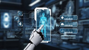 İnsan anatomisine tıklayarak tıbbi verilere ya da teşhislere ulaşın. Semptomu analiz ederken X ışını hologramında robot el kontrolü. Sağlıklı..