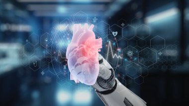 Bulanık laboratuvar geçmişi olan kalp hologramını gösteren robot eli kapat ve tıkırdat. Robot el kalp ikonuna tıklayarak semptomları analiz ediyor. Tıbbi teknoloji. Sağlıklı..