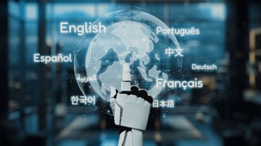 Robot bir el, modern bir ortamda gelişmiş teknoloji ve küresel iletişimi sembolize ederek, birden fazla dili gösteren dijital bir küreye işaret ediyor. Auvana