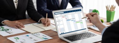 Ekip projesinin zaman çizelgesini gösteren bilgisayar ekranında canlı iş projesi yönetimi için proje planlama yazılımı