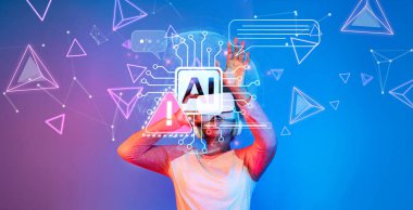 Bu resim, canlı bir dijital ortamda uyarılar ve uyarılarla vurgulanan yapay zekanın kullanıcılarla etkileşiminin gelecekteki bir kavramını gösteriyor. XDMCP