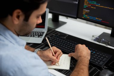 Akıllı IT geliştiricisi laptop ve iki pc ekranda kodlanan kağıtlar üzerine veri notları yazarak modern ofiste uygulama programı güncelleme sürüm sistemi yaratıyor. Tahmin et..