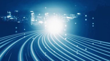 Yol üzerindeki dijital veri akışının dijital dönüşümü, yıkıcı yeniliği göstermek için grafik ile programlama kodlama kavramında hızlı aktarım vizyonu yaratan döngüsel videosu. Kusursuz Döngü .