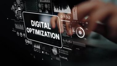 Modern bir çalışma ortamında dijital optimizasyon grafikleri ve veri analizi görselleri olan bir klavyenin üzerine ellerini koy. Asemptotik akıllı veri analitiği.