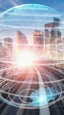 Çevrimiçi trafik kontrol sistemi olan sessiz ve fütürist bir şehirde akıllı ulaşım. Yeni bilgi çağındaki küresel eğilimleri değiştiren akıllı dijital dönüşüm ve teknoloji bozulması kavramı .