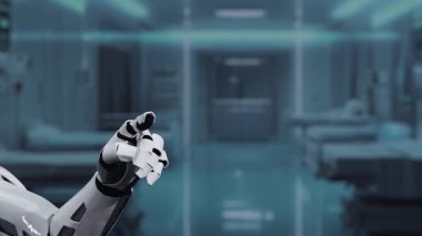 Bulanık laboratuvar arka planına sahip DNA hologramına robotik el gösterimi ve dokunuşlarını kapat. Tıbbi verilere erişmek ve onları teşhis semptomlarına bağlamak için robot el DNA ikonuna tıklıyor. Sağlıklı..