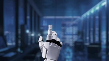 Gösterişli bir robot el dijital küreye uzanıyor, modern çalışma alanındaki teknoloji ve insan bağlantılarının kesişimini sembolize ederek, dijital işbirliğini vurguluyor. Auvana