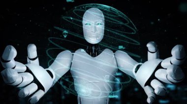 Futuristic robot artificial intelligence huminoid AI transportation analytic technology development and machine learning concept. Global robotic science research for future of human . 3D rendering.