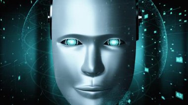 Futuristic robot artificial intelligence huminoid AI data analytic technology development and machine learning concept. Global robotic bionic science research for future of human life. 3D rendering.