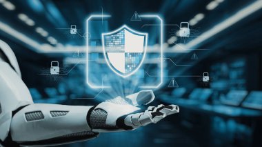 Fütürist bir robot el, dijital çağda korunma ve yenilikleri vurgulayan modern bir teknolojik ortamda siber güvenliği sembolize eden dijital bir kalkan sunmak üzere genişliyor. Auvana