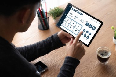 Smart home technology, centric remote control system with digital dashboard for air conditioning, safety security network or house automation. App software, ui panel programming IOT monitor snugly