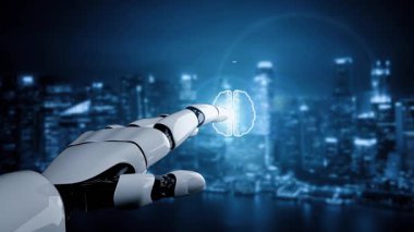 Gelecekçi robot yapay zeka yapay zeka yapay zekayı aydınlatıyor ve makine öğrenme kavramını geliştiriyor. İnsan hayatının geleceği için küresel robot biyonik bilim araştırması. 3B görüntüleme grafiği.