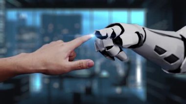 Fütürist bir robot el ve bir insan eli modern ofis ortamında maliyet azaltma grafikleriyle etkileşime geçerek yenilik ve iş verimliliğini gösteriyor. Auvana