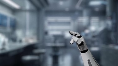 İnsan anatomisini gösteren ve bulanık laboratuvar geçmişine sahip robot el işaretlerini kapat. Robot el, tıbbi verileri teşhis semptomlarına bağlamak için x ray gösterge paneline tıklıyor. Sağlıklı..