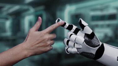 Robot ve insan elini uzatıyor ve yüzen tıbbi haç ikonu ile parmağıyla işaret ediyor. Laboratuvar geçmişini işaret ederken robot eller ve insanların birlikte çalışması yakın plan. Sağlıklı..