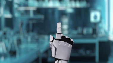 Tıbbi verilere ya da teşhis semptomlarına erişmek için robot ellerle DNA hologramına tıklayın. Yapay zeka semptomları analiz ederken genetik simülasyonda robot el kontrolü. Sağlıklı..