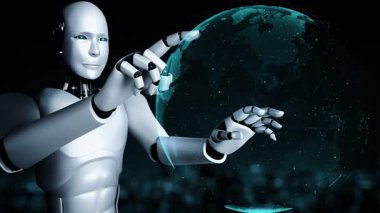 AI robot huminoid uses cloud computing technology to store data on online server . Futuristic concept of cloud information storage analyzed by machine learning process . 3D rendering .