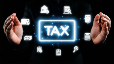 Bu resimde, parlayan vergi sembolleri ve karanlık bir arkaplan üzerine kurulmuş 