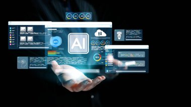 Modern yenilikleri gösteren dijital arayüzlerle ve analitik veri görselleriyle yapay zeka teknolojisinin büyüleyici bir temsilini keşfedin. Dörtgen