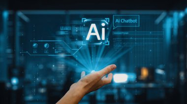 Fütüristik bir el, dijital grafikler ve veri görselleştirmeleriyle çevrili canlı bir yapay zeka sohbet robotu arayüzüne uzanır ve modern teknolojiyi şık bir ofis ortamında temsil eder. Auvana