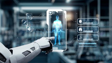 İnsan anatomisini gösteren ve bulanık laboratuvar geçmişine sahip robot el işaretlerini kapat. Robot el, tıbbi verileri teşhis semptomlarına bağlamak için x ray gösterge paneline tıklıyor. Sağlıklı..